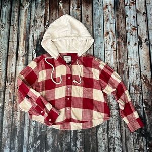 American Eagle Red Plaid Flannel Cropped Hoodie